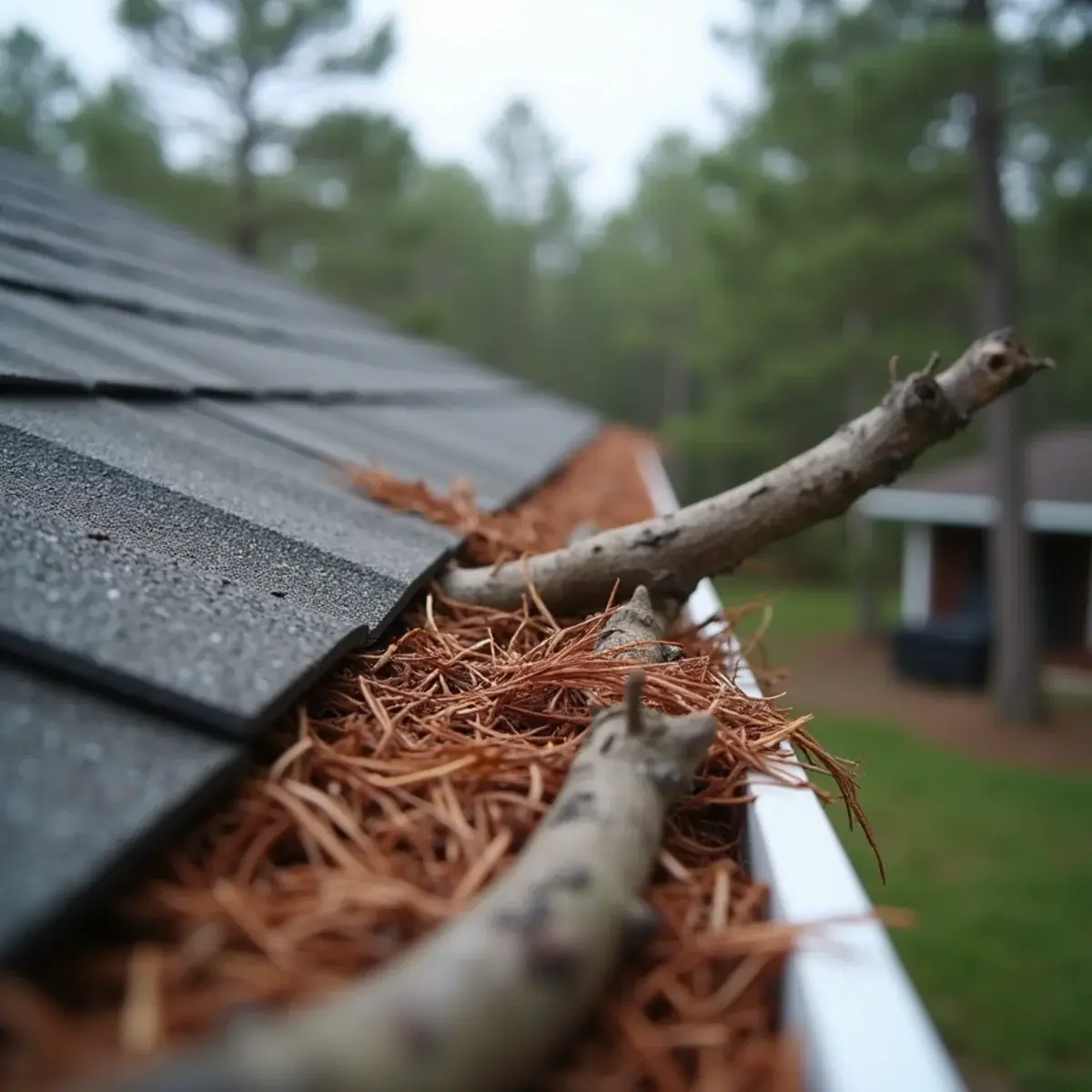 Pine needles packed in a shingle roof valley and a broken limb on a Milton, Florida roof