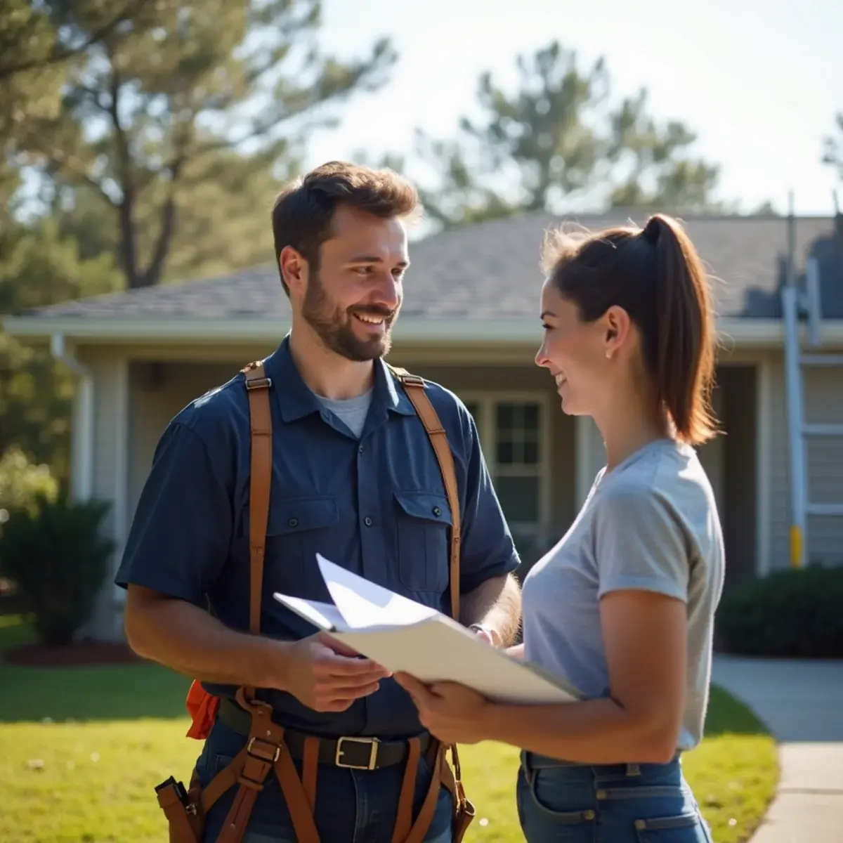 Licensed roofer going over a written roof repair estimate with a homeowner in Milton, FL
